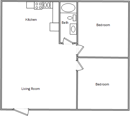 Floor plan for 2 beds, 1 bath, 780 sqft